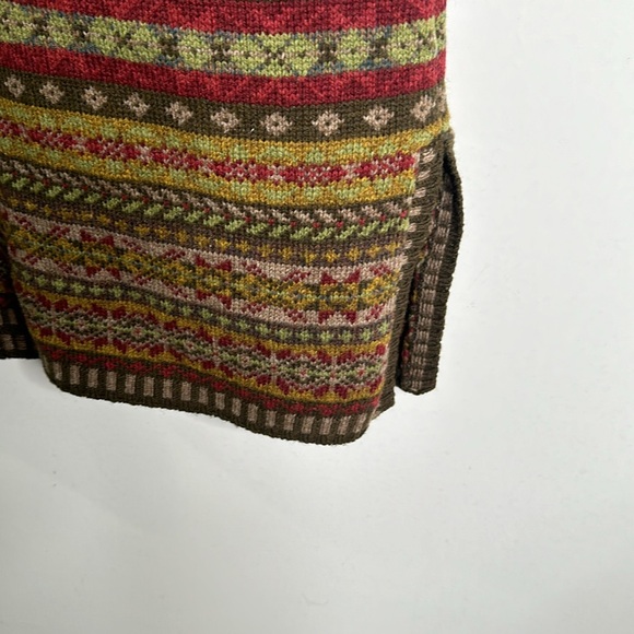 ORVIS wool long sweater cardigan  button front size L olive green red Nordic - Picture 9 of 11